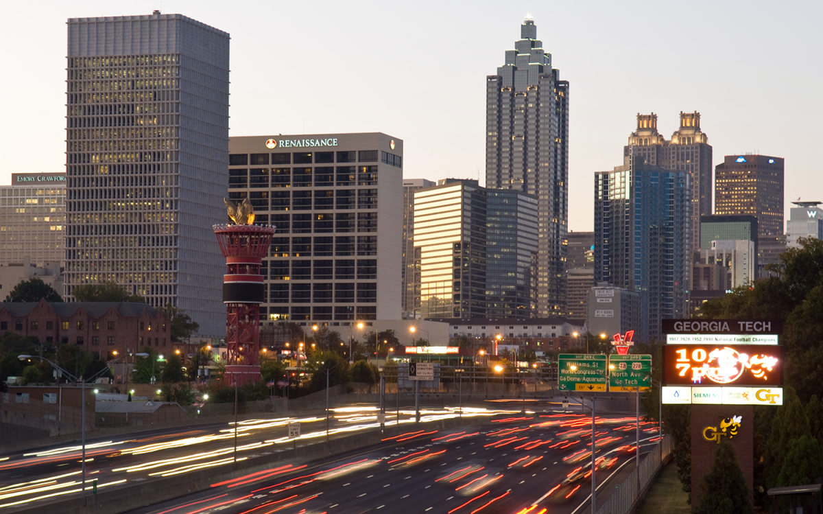 A view of I-75 and downtown Atlanta at sunset.